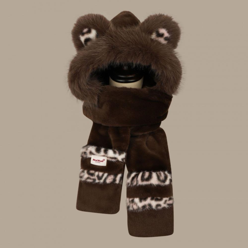 Three-in-one Scarf Hat Gloves Set Winter Hooded Scarf Sweet Plush Bear Ears Hat Children