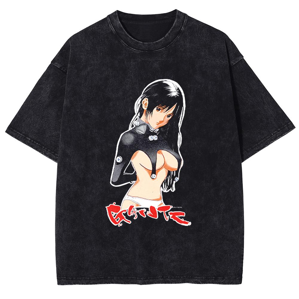 Men's Vintage Washed T-shirt Anime Sexy Girl Pattern Comic Printed T-shirt Harajuku Cotton Summer Short Sleeve Vintage T-shirt