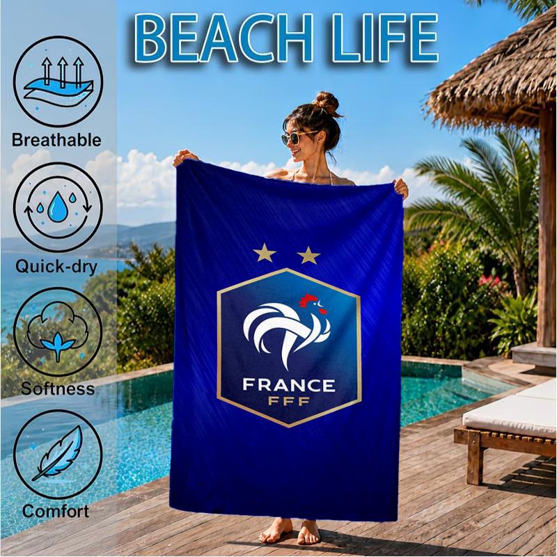 France Soccer Club Emblem Printed Microfiber Beach Towel, Soft And Absorbent, Quick-Dry, Ideal for Summer Travel, Beach Essential, Swimming Pool