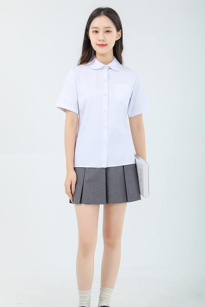 Школьная короткая рубашка с карманом [Sharphon] Рубашка для девочек, Рукав, Воротник, Однотонная, Хлопок, Топ,