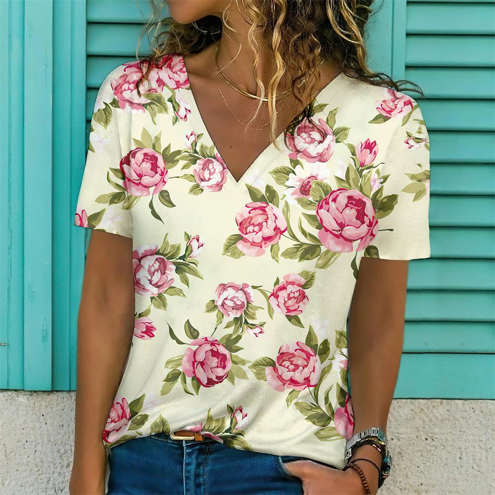 Летний топ с V-образным вырезом, 3D-принтом с красивым цветочным узором, модная повседневная женская футболка с коротким рукавом