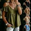 Women Casual Loose Off Shoulder V Neck Ruffle Short Sleeve T Shirt