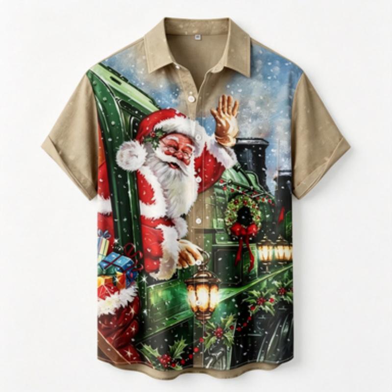 Men's short sleeved shirt Christmas train Santa Claus printed short sleeved shirt Business casual men's holiday painted printed