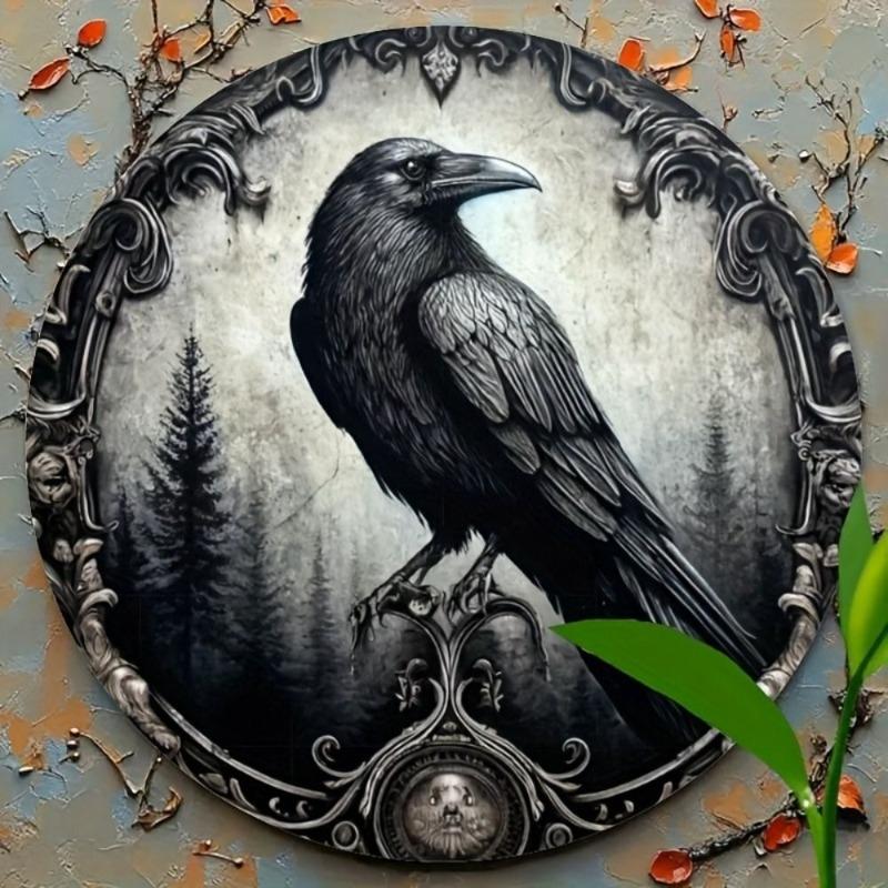 Witch Broom Halloween Sign, Round Aluminum Wall Plaque 20x20cm