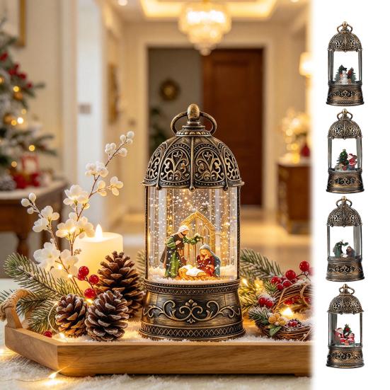 Holiday Party Supplies Lighted Christmas Snow Ball Lantern with Music Glittering Swirling, Birdcage Design Santa Claus Snowing Water Lantern,