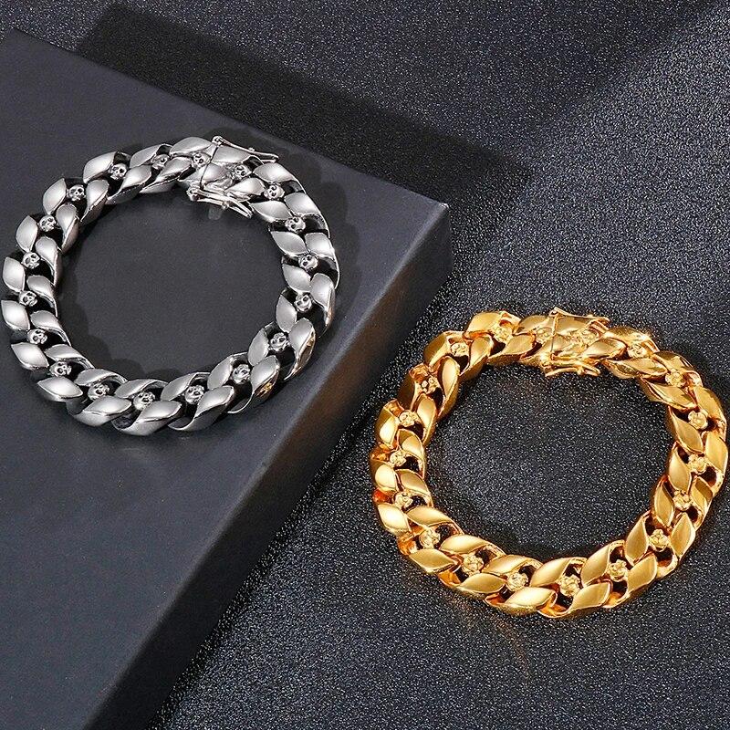 Punk Gothic Stainless Steel Skull Head Curb Chain Bracelet For Men Male 13MM 8.5 Inches Boys Mens Biker Bracelets Dropshipping