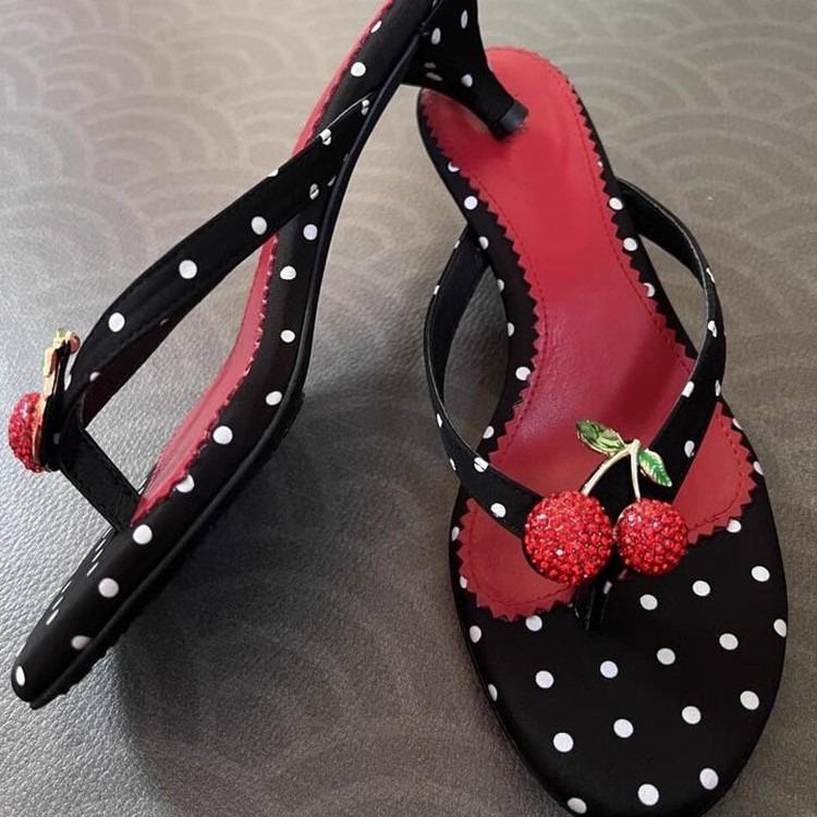 Cute!! French polka dot cherry flip-flops high heels 2025 new casual versatile foot pinch cool slippers women