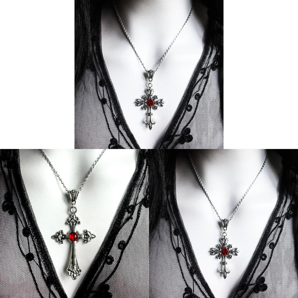 Gothic Baroque Silver Cross Pendant Necklace For Women With Geometric Shape And Glass Material