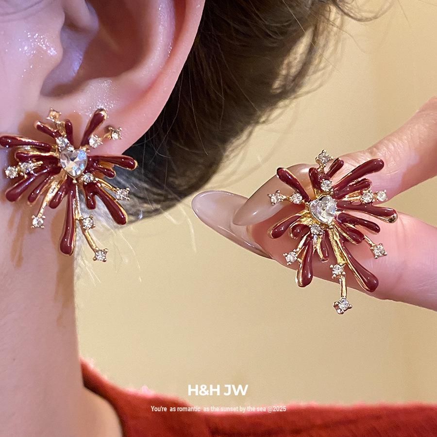 Silver needle with diamonds, red fireworks stud earrings, New Year's atmosphere, temperament, versatile earrings, light luxury and high-end earrings.
