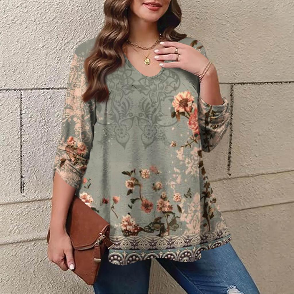 Women's Plus Size Fashion Printed Casual Pleated Round Neck Long Sleeve Top