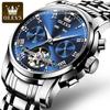 OLEVS Business Men's Automatic Mechanical Watches Stainless Steel Strap Waterproof Calendar Skeleton Tourbillon Watch for Man
