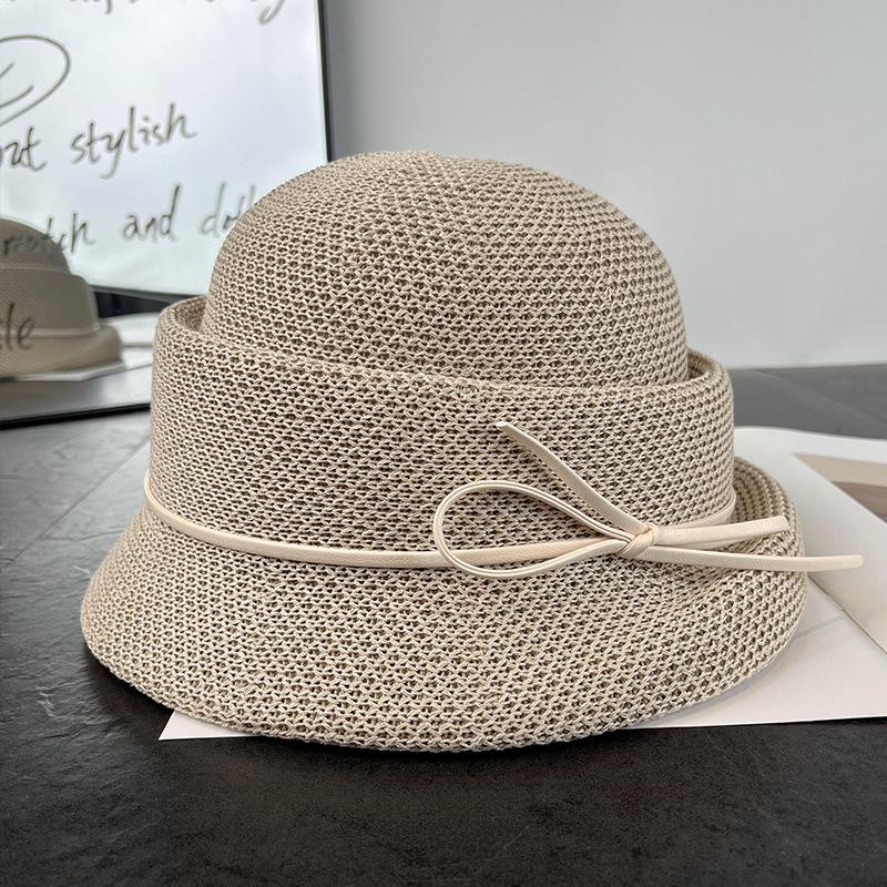 New foreign style elegant French hat short brim women's summer light bow fashion top hat knitted bucket hat