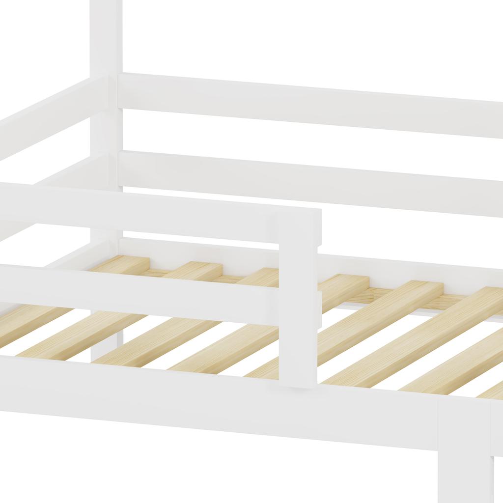 House Bed 90x200 cm, pine, house roof design, three-sided fall protection, slatted frame included, without mattress, color white, DE603090WT