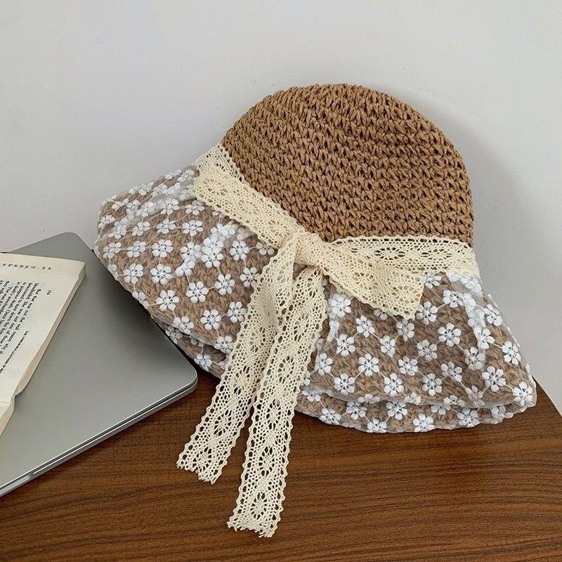 New French floral bow straw hat women's summer seaside beach vacation big eaves sunshade sun hat