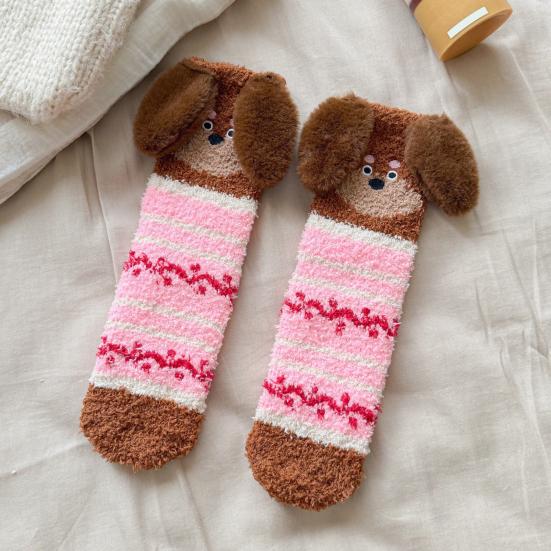 Yousheng 1 пара носков для пола 3D мультяшный дизайн таксы полосатый принт эластичное отверстие носки коралловый флис утолщенные средней длины носки для сна