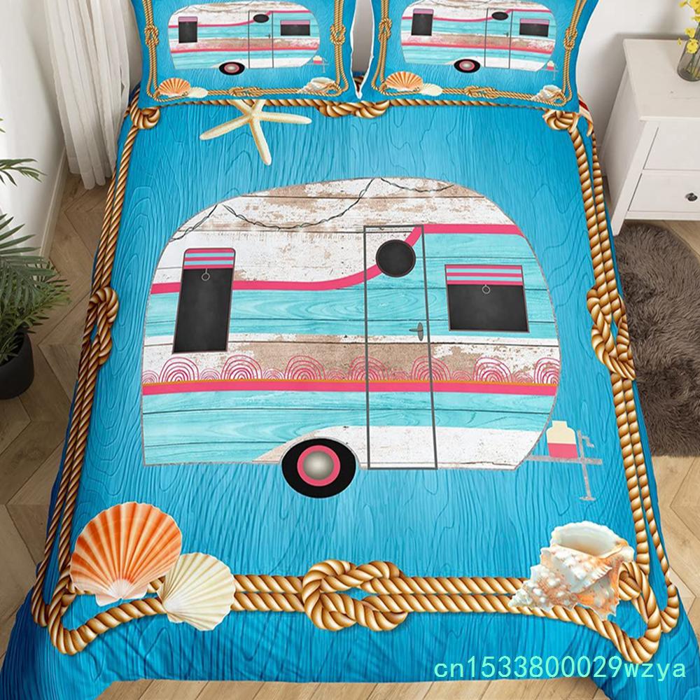 Пододеяльник Happy Camping Camper Комплект постельного белья Plants Outdoor Travel Adventure Одеяло Cover Camper Car Blue Sky Quilt Cover