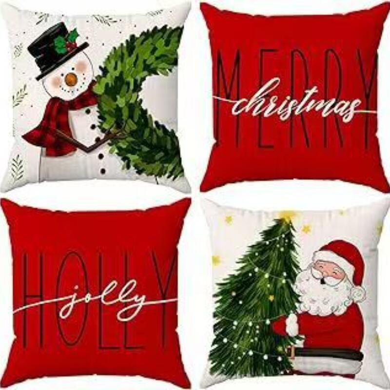 Набор из 4 двусторонних рождественских наволочек - Санта Снеговик Смесь льна Декор для дивана Праздничные акценты для дома