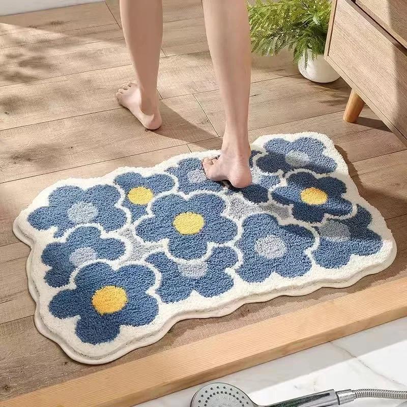 VIKAMA | Fresh Floral Imitation Cashmere Rug - Non-Slip, Absorbent Bathroom Mat/Living Room Doormat/Multi-Purpose Foot Mat