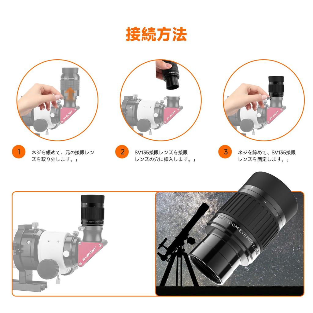 SVBONY SV135 Zoom Telescope Focal Length Field of View for Lunar and Planetary Observation Eyepiece, 1.25-inch FMC, 7-21mm, 52°-36°,