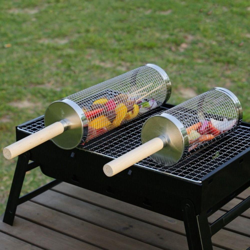 2/3Pcs Set Wire Mesh BBQ Basket Stainless Steel Barbecue Rack Rolling Grilling Basket Grill Tool