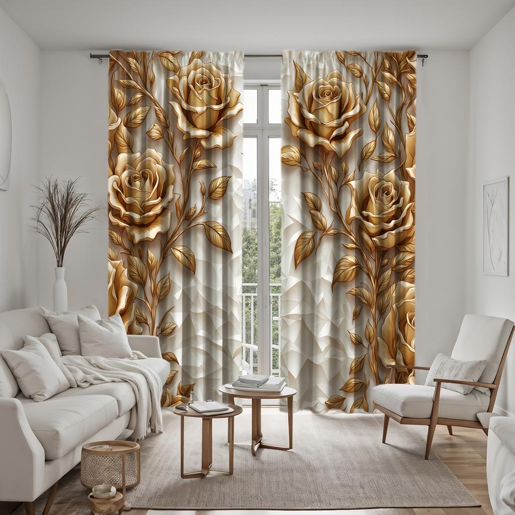 2-piece HD Digital Yellow Abstract Rose Curtain Home Decoration Style Decoration Living Room Bedroom Through Rod Curtain Effect