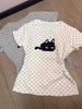 Корейская ретро футболка с котенком в горошек - Белая, Короткий рукав, Приталенная, Милый студенческий стиль