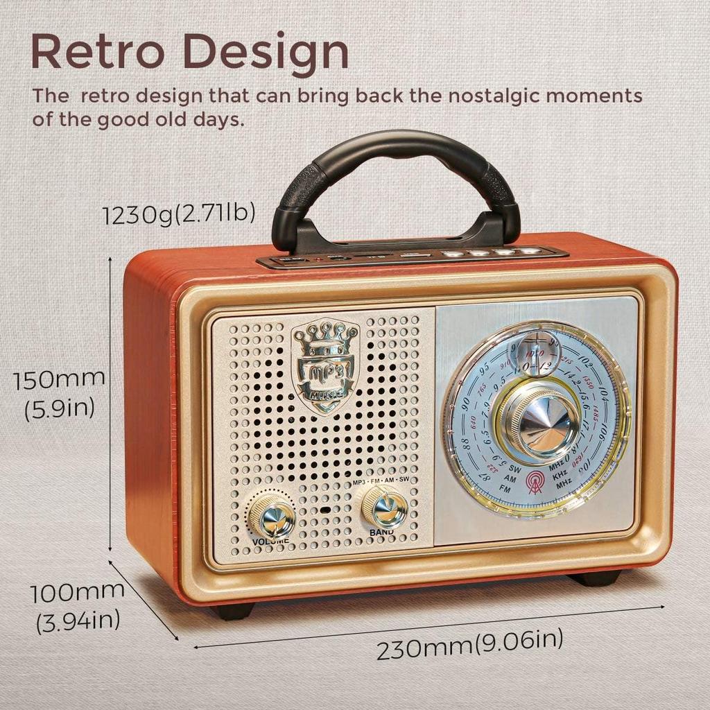 Ретро-радио AM/FM/SW с Bluetooth, 3 варианта питания, корпус с эффектом дерева, 5-ваттный динамик с улучшенными басами, поддержка USB/TF/AUX
