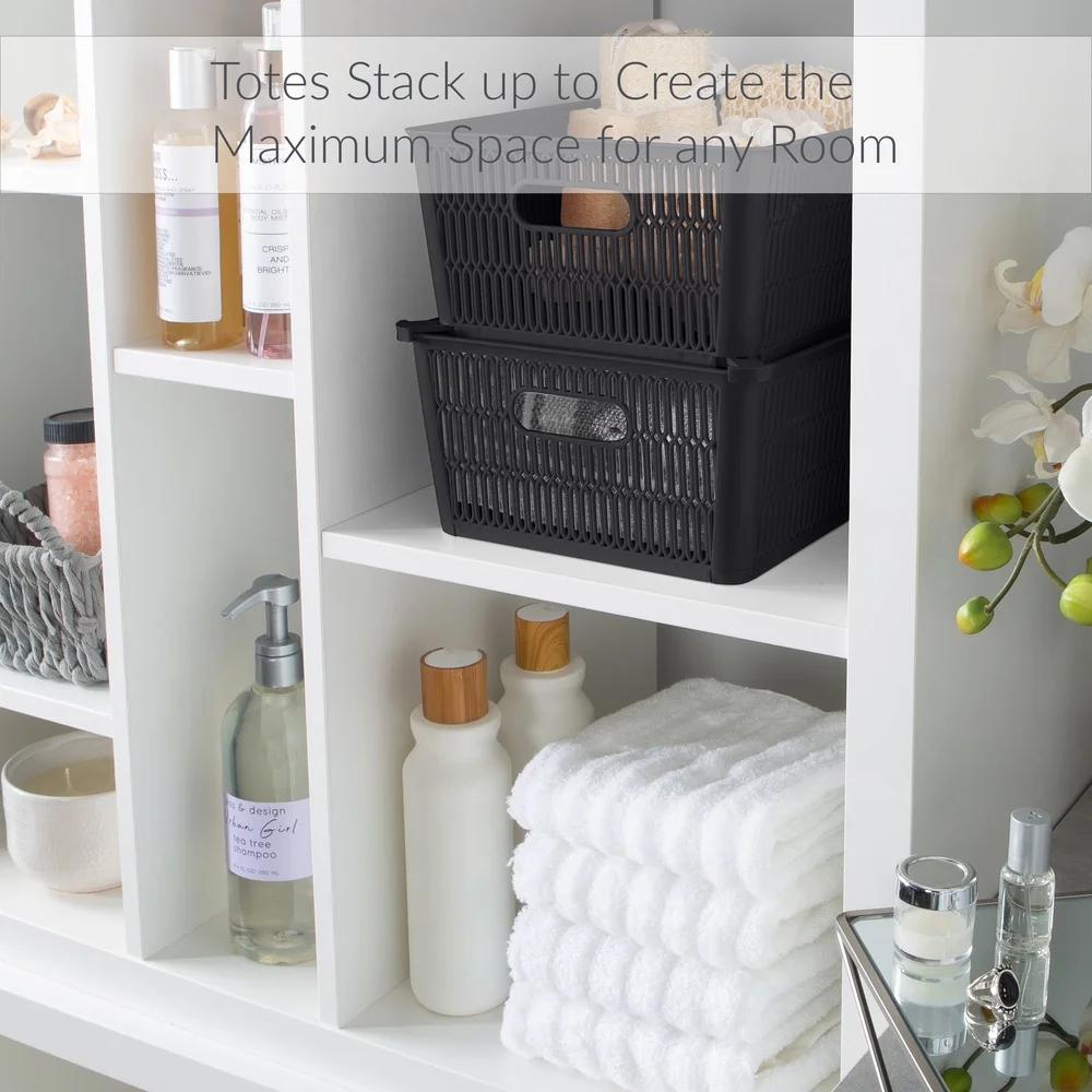 Slide 2 Stack It Plastic Storage Tote Baskets 2 Pack Stackable Organizing Bins with Handles Maximize Storage Space Home
