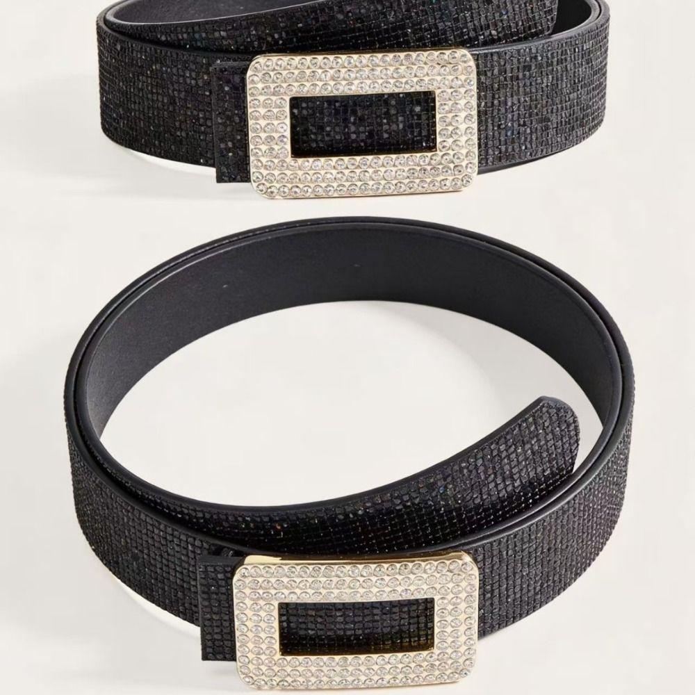 Punk Sequin Belt Rhinestone Square Buckle Y2K Girl Waistband PU Leather Wide Waistband  Outdoor