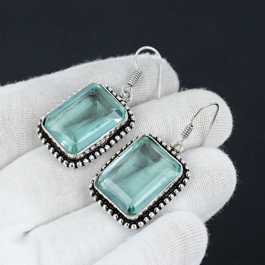 Green Apatite Gemstone Earring, 925 Sterling Silver Earring, Boho Silver Earring Jewelry, Bohemian Earring For Gifts, Women Jewelry Earring