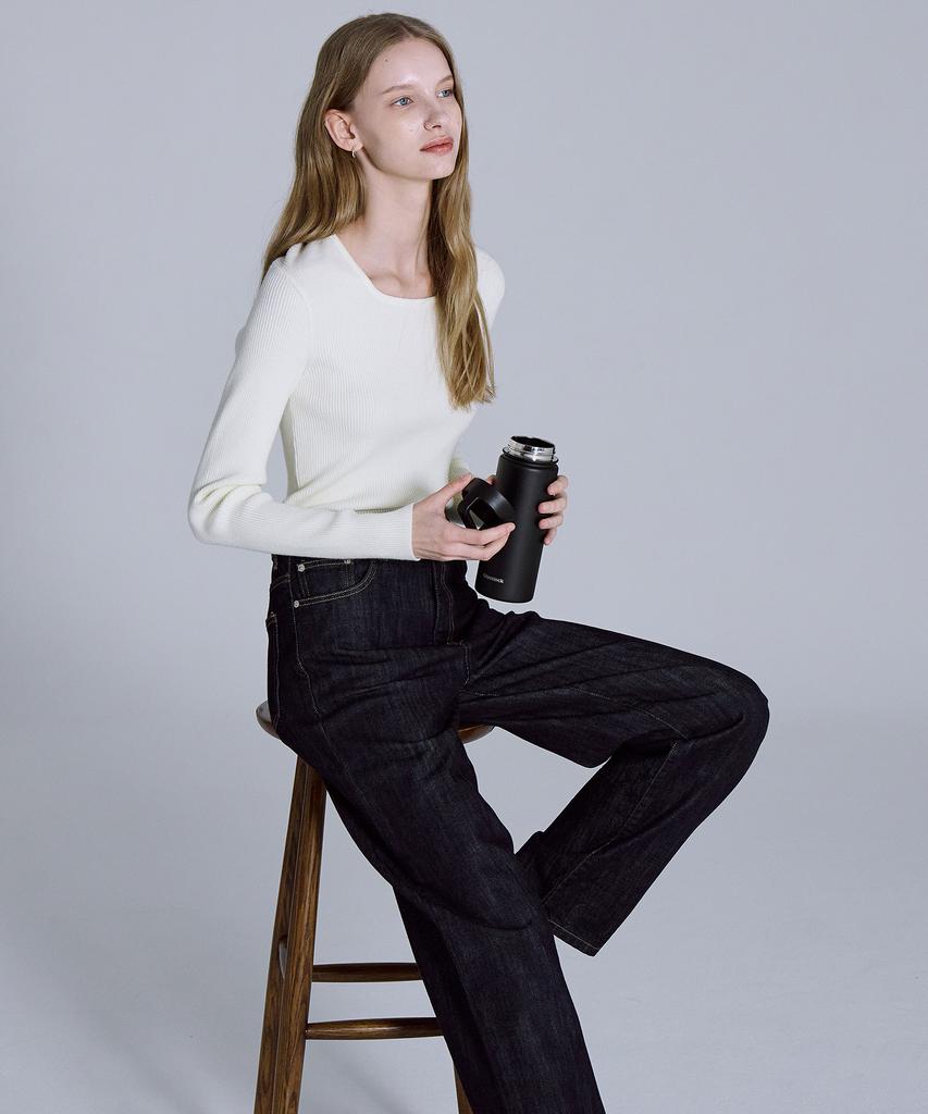 BASIC HOUSE Women'S Square Neck Long Sleeve Sweater Ivory Lykt7204