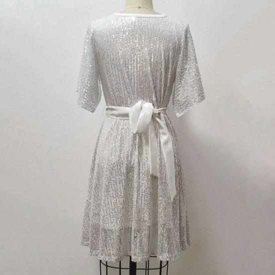 Women Prom Dress Half Split Bat Sleeve Round Neck Loose Shiny Sequin Double-layered Belted Tight High Waist Soft Club Party Lady Mini Dress