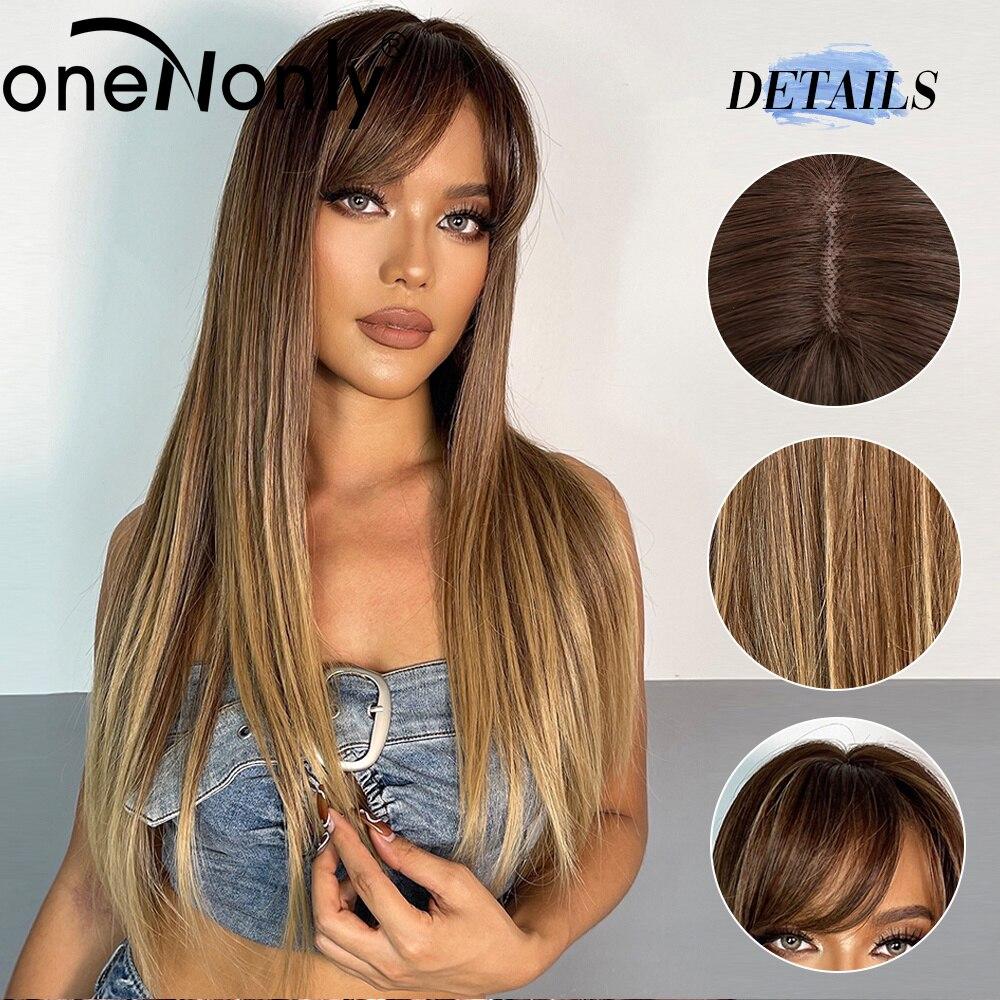 Long Straight Synthetic Wigs Brown Wig with Bangs for Women Natural Daily Cosplay Christmas Hair Heat Resista