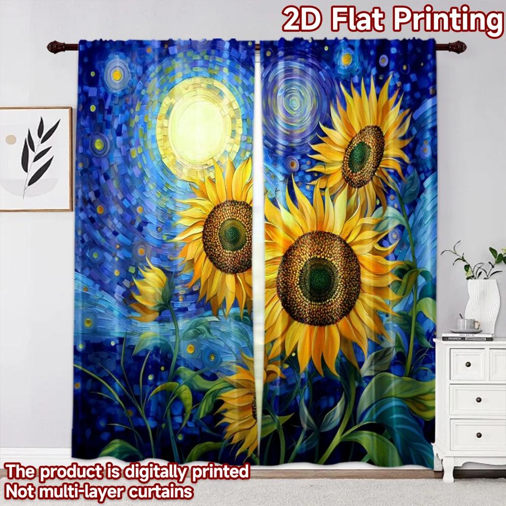 2D flat printing 2pcs Curtain Party Curtain Starry Night Sunflowers Digital Printed Polyester Drapes All Season Party & Holiday