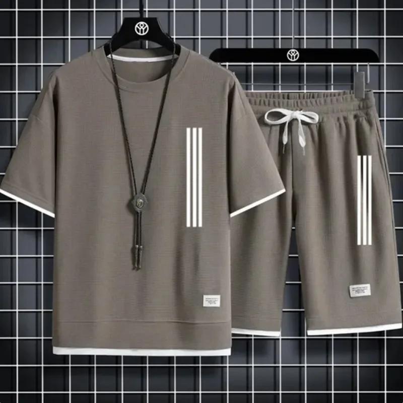 Adida Новые мужские спортивные костюмы 2 шт. Костюмы с коротким рукавом с принтом Футболка + спортивные штаны Комплекты Sutdent Повседневная летняя спортивная одежда