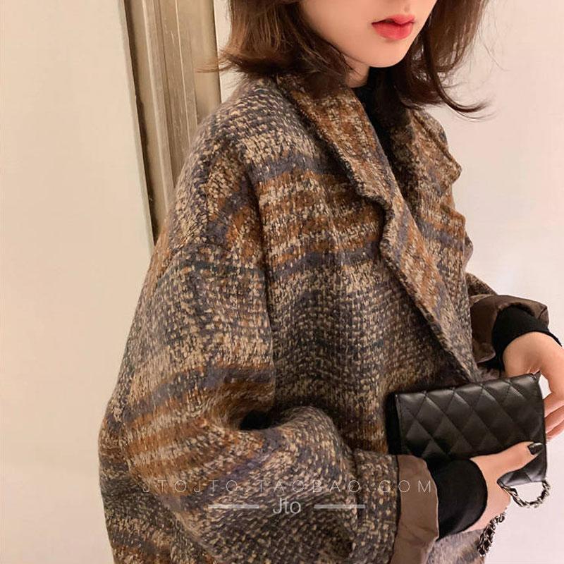 New Fashion Autumn Winter Women Fashion Plaid Overcoat Female Double Breasted Turn-down Collar Woolen Coats Ladies Vintage Loose Casual Overcoat