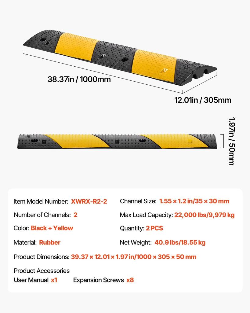 VEVOR 1000MM Rubber Speed Bump, 2 Pack, 2 Channel Heavy Duty Traffic Speed Hump, 9,979 kg/Axle Load Capacity