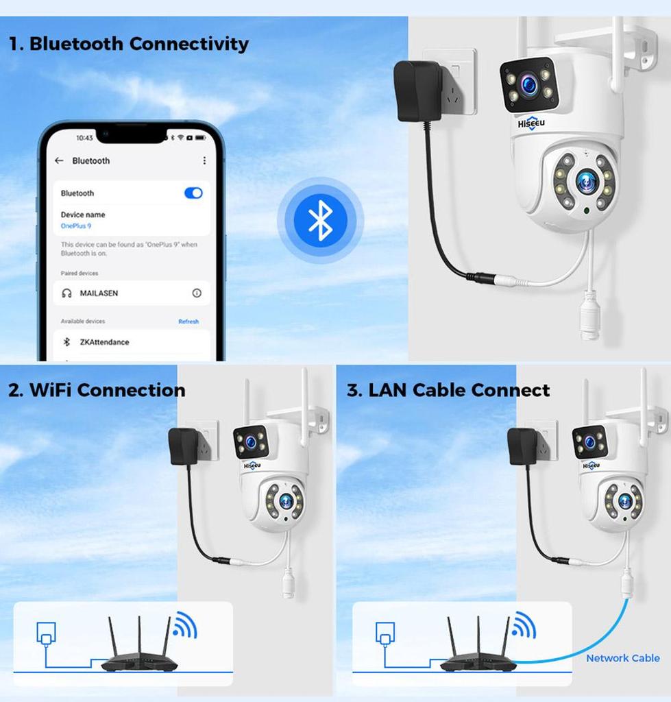 Уличная WiFi-камера Hiseeu 4K 6MP, двойной объектив, двойной экран, двусторонняя аудиосвязь, цветное ночное видение, автоматическое слежение, обнаружение человека ИИ