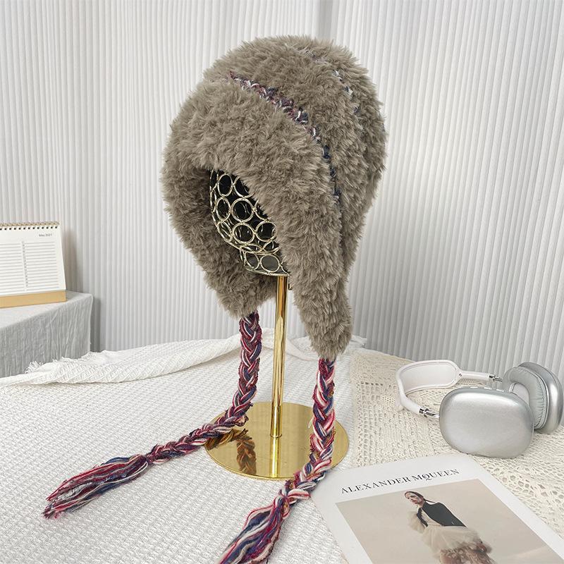 Color Matching Plush Hat for Women, Thickened In Autumn and Winter, Warm and Cold-proof, Small-faced Outdoor Knitted Headgear