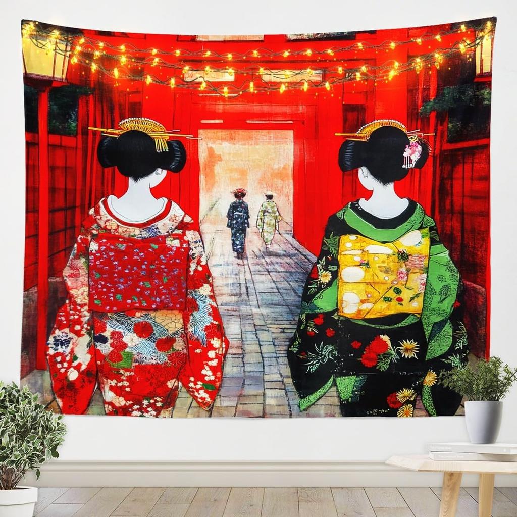 Geisha TapestriesJapanese Kimono MtFuji Tapestry For BedroomRomantic Pink Cherry Blossom Wall Tapestry For Girls WomenRed