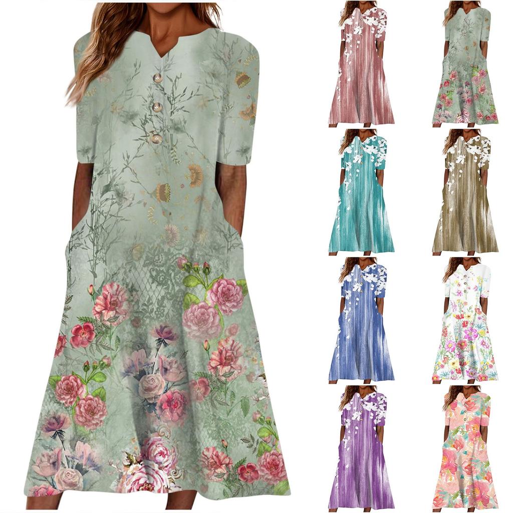 Women's Summer Casual Printed V-Neck Short-Sleeve Swing Dress