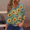 Women's Fashion Casual Floral Print V-Neck Decorative Button Three-quarter Sleeve T-Shirt Top