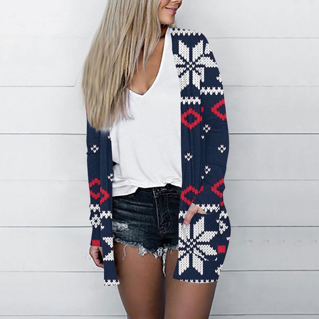 Рождественская женская модная повседневная куртка-кардиган средней длины с длинным рукавом и принтом
