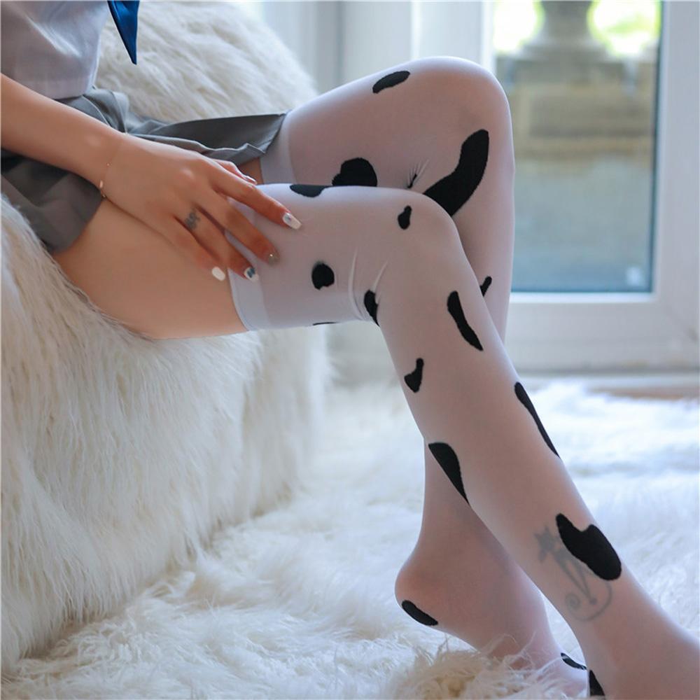 Women Silk Socks Cow Printed Pantyhose Thigh High Stockings Cosplay Stockings Cow Spots Printed