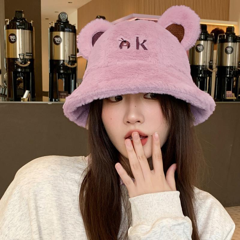 Ear Bear Ok Letter Embroidery Plush Fisherman Hat Bucket Cap Sun Protection