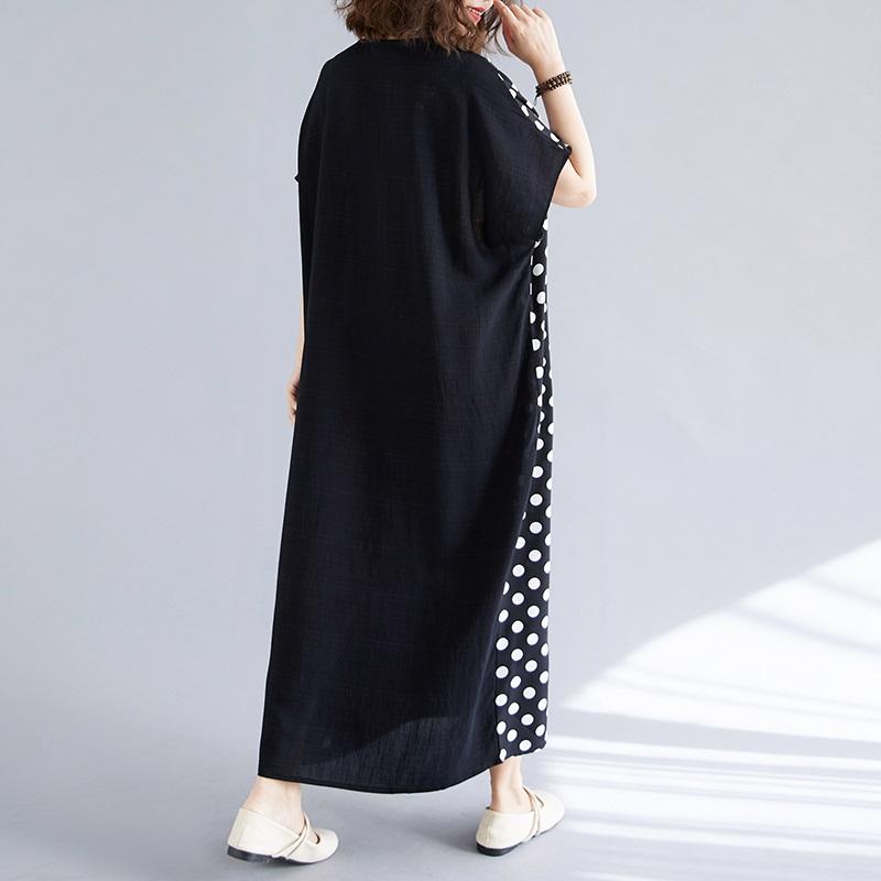 Короткий рукав Плюс размер Черный винтажный пэчворк горошек новые платья для женщин повседневное свободное длинное летнее платье