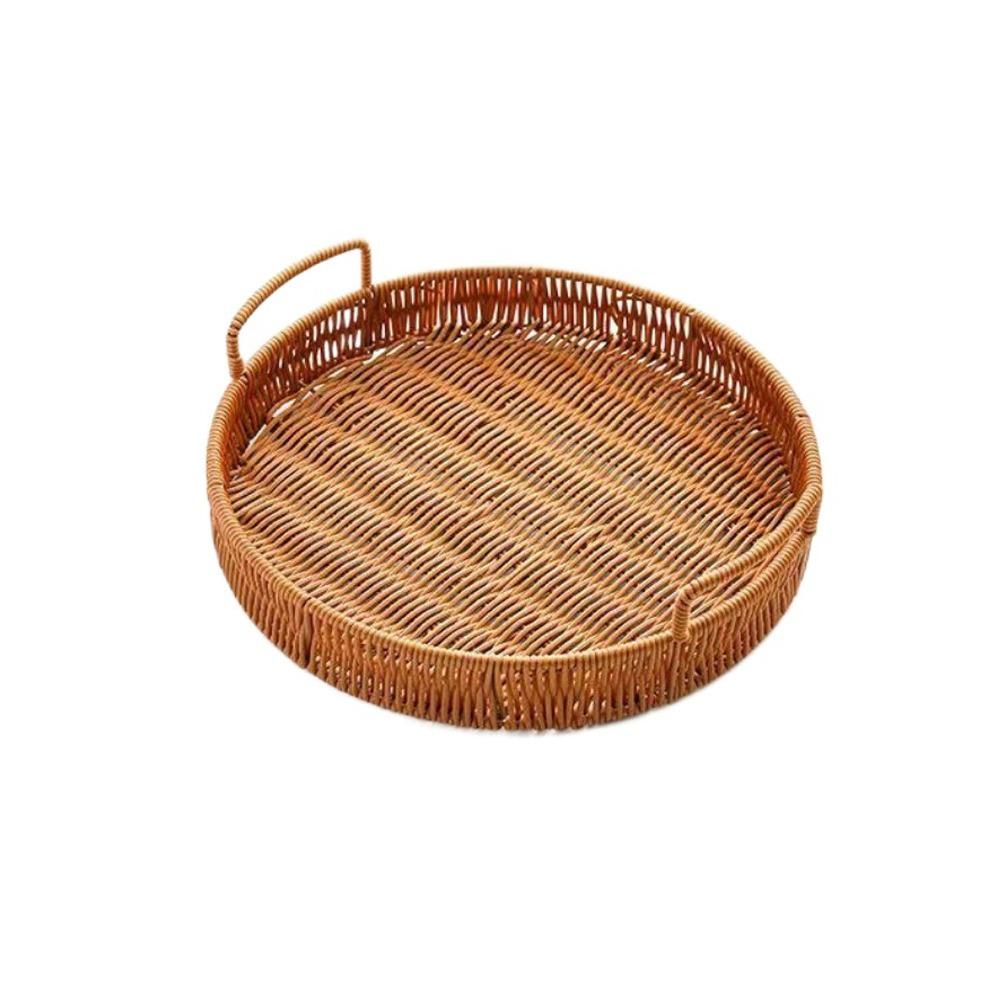 Large Capacity Round Rattan Storage Tray Plastic Handwoven Rattan Storage Tray Snacks