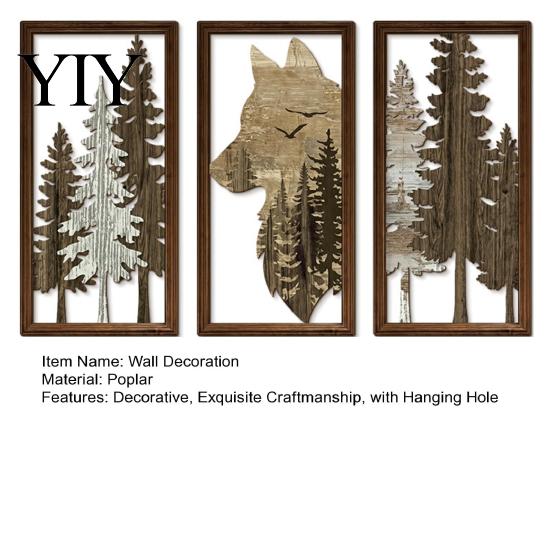 Vintage Style Wood Sculpture 3Pcs Wooden Forest Wolf Wall Decorations, Decorative Hanging Ornaments, Rustic Hollow Carved Pine Unique Housewarming