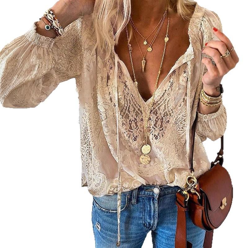 1116 new hollow pullover temperament commuter loose printed European and American lace solid color lace shirt