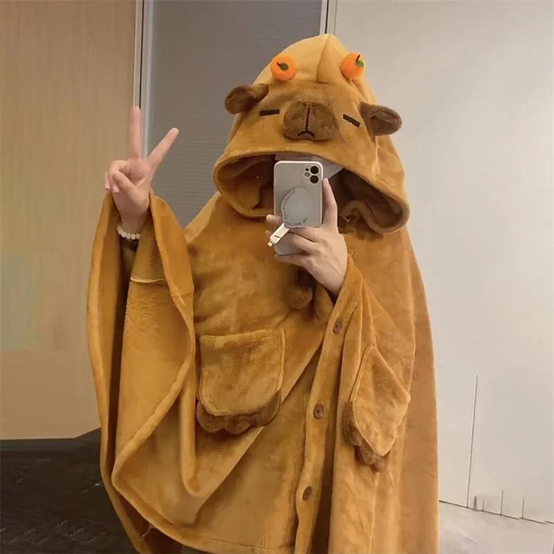 Мультяшная капибара, носимое одеяло с капюшоном для взрослых, мягкий теплый фланелевый милый худи-шаль с капибарой, накидка-плащ для дома, офиса